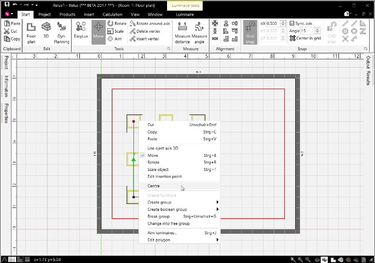 ReluxDesktop context menu with the Centre command for a luminaire group