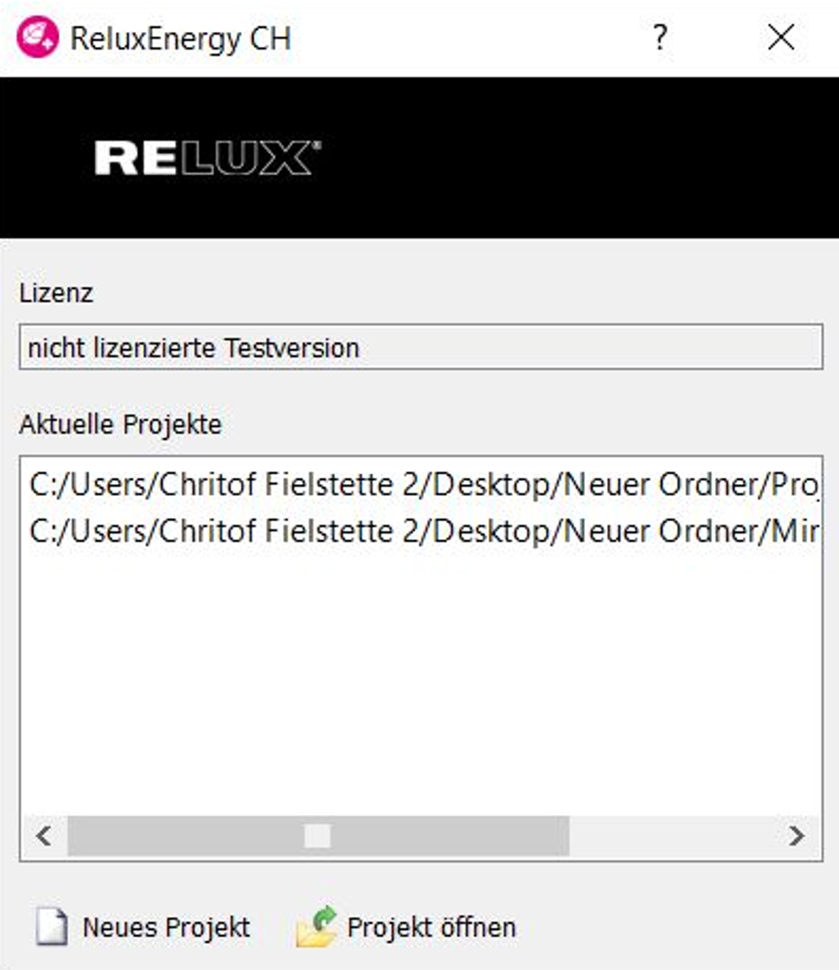 ReluxEnergy CH welcome startup screen showing an unlicensed trial version status and a list box of recent project file directories.