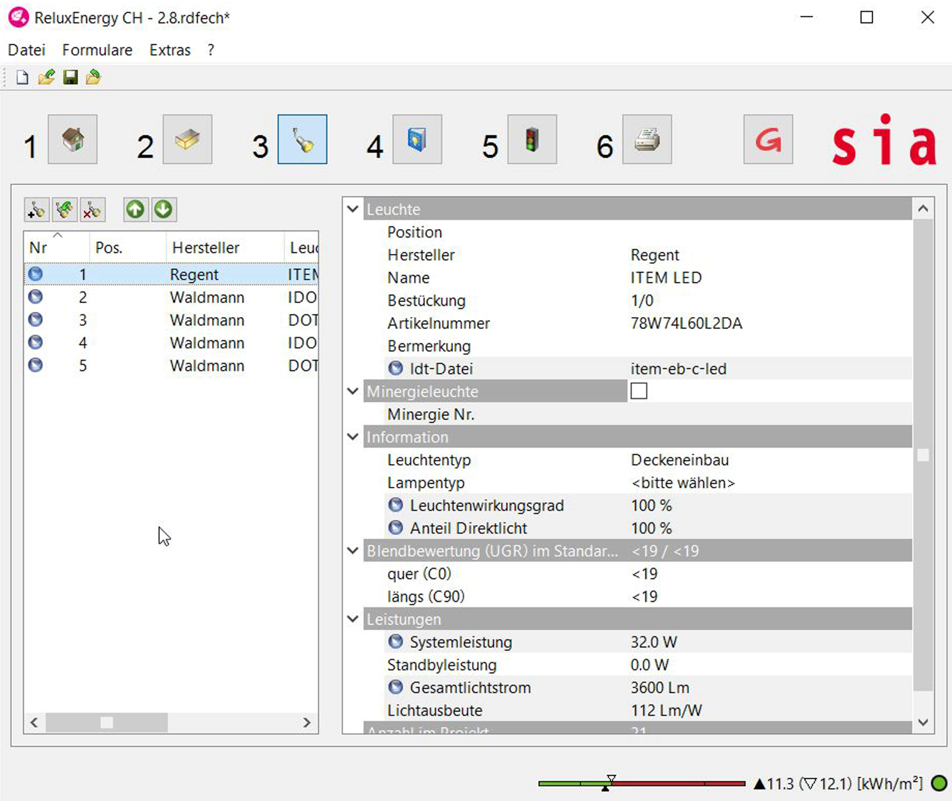 Screenshot of ReluxEnergy CH showing the third main toolbar button active, featuring an imported luminaire list from Regent and Waldmann alongside detailed property fields for system power, light output ratios, glare ratings, and a drop-down menu for lamp types.