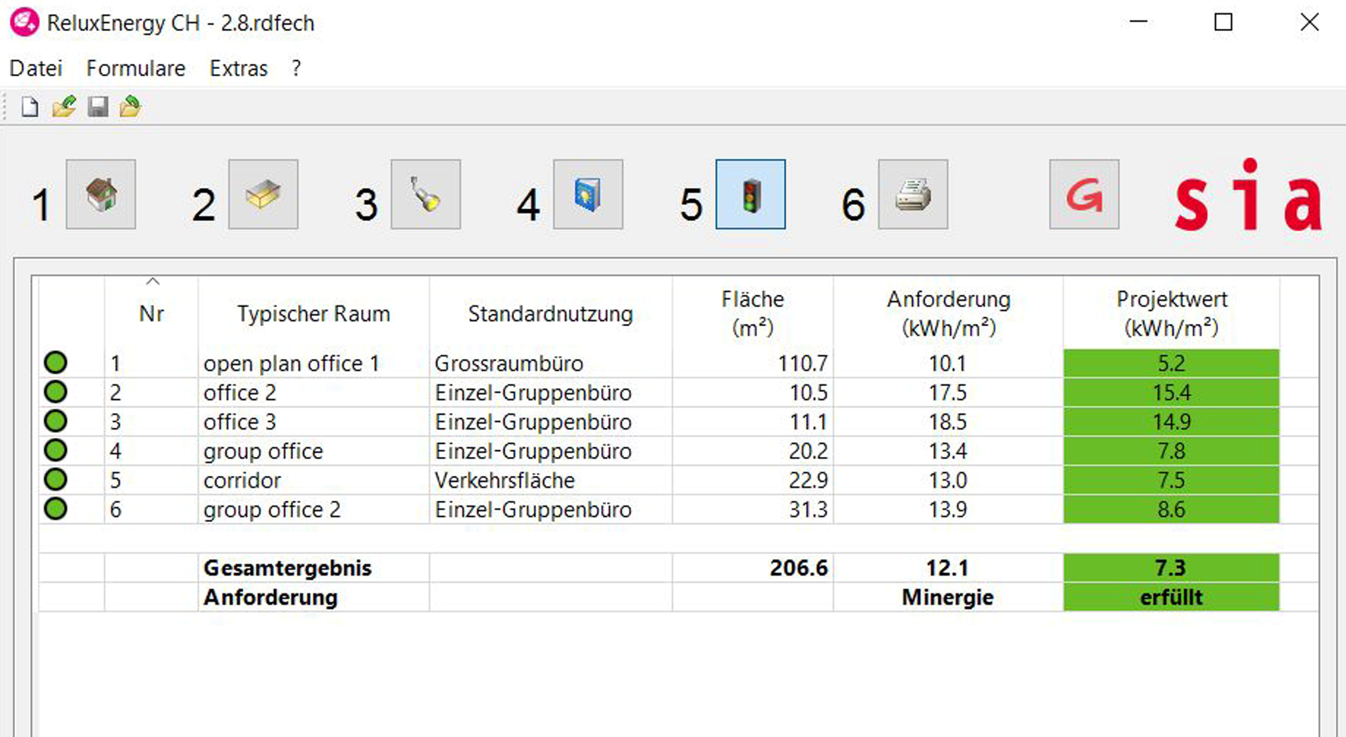 Detailed view of the building overview tab in ReluxEnergy CH featuring red numbered markers pointing out the building matrix button (1) and the Excel import button (2) with a visible tooltip showing required data column mapping.