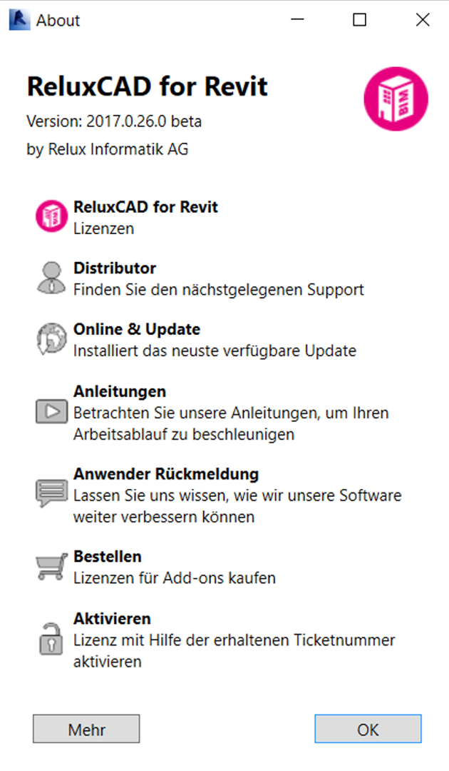 Screenshot of the German-localized "About" dialog window for ReluxCAD for Revit by Relux Informatik AG, displaying the software version alongside interactive list options for Distributor, Online & Update, Manuals, Feedback, Order, and Activate.