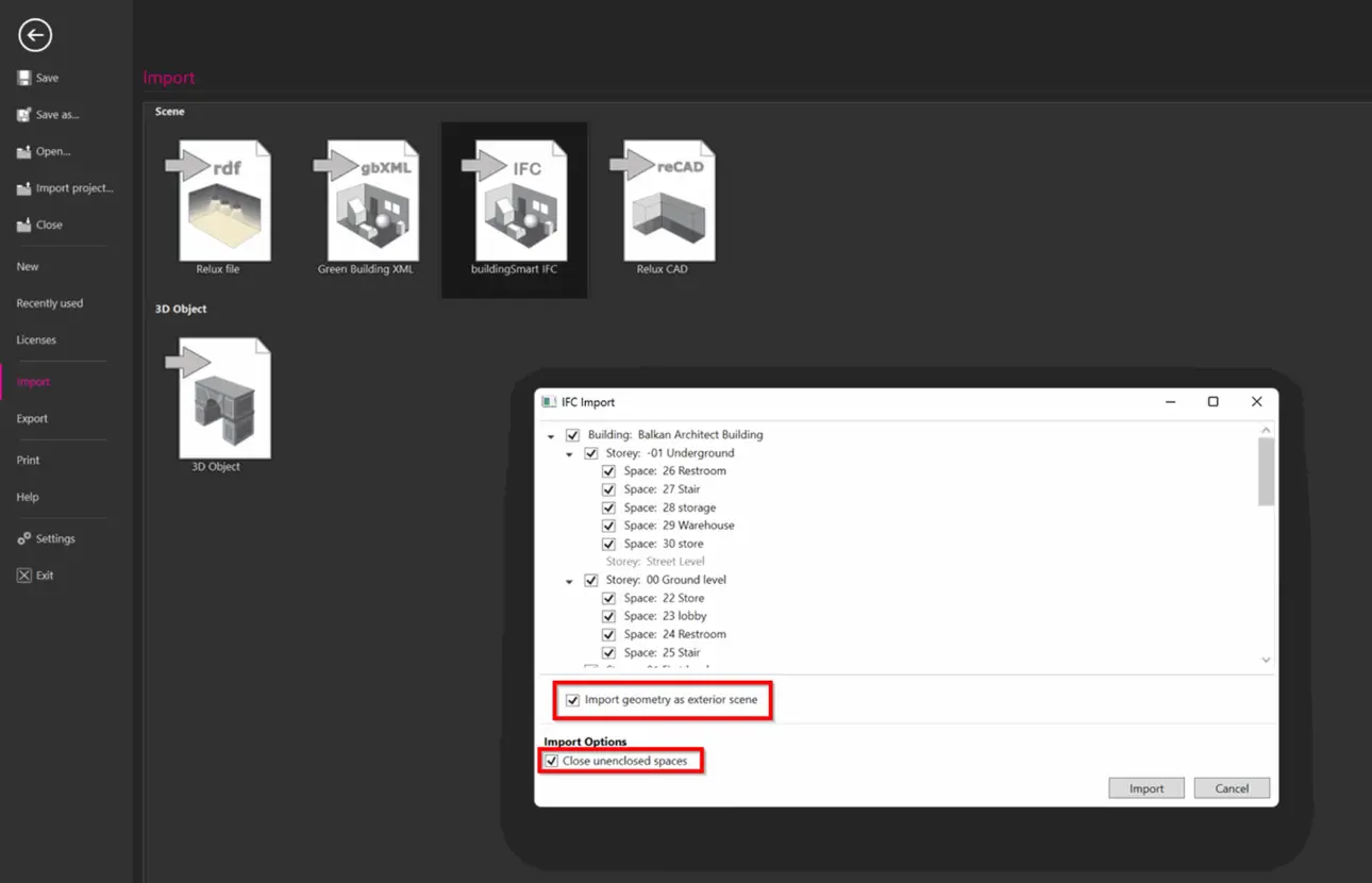 The IFC Import configuration popup window overlaid on ReluxDesktop, showing a storey checklist tree alongside two red highlight boxes framing the "Import geometry as exterior scene" and "Close unenclosed spaces" checkmarks.