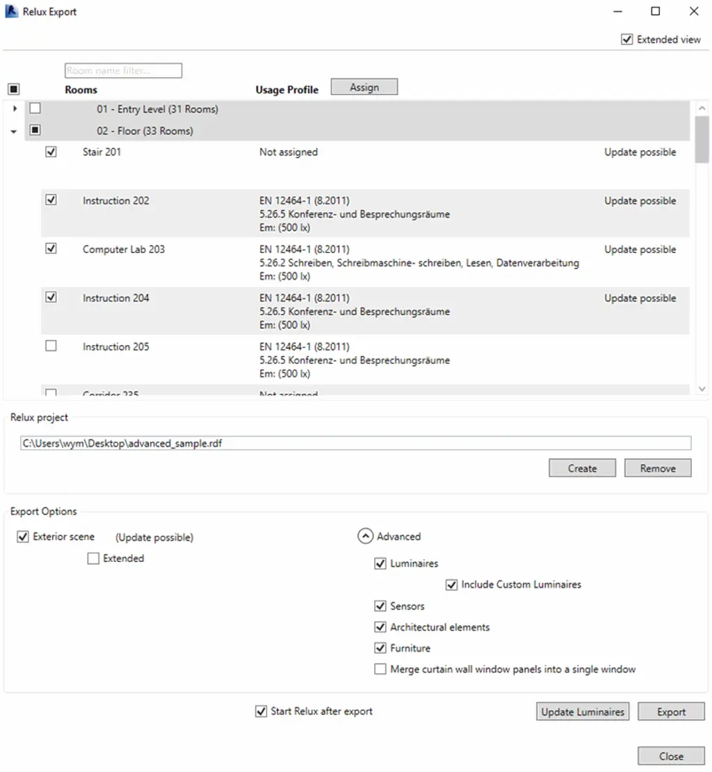 Configuring advanced room selection and object data in the Relux Export module Screenshot of the Relux Export window modal showing a list of selected multi-storey building project spaces with designated lux level parameters, export file targets, and enabled advanced checklist options for luminaires, sensors, architectural elements, and furniture.