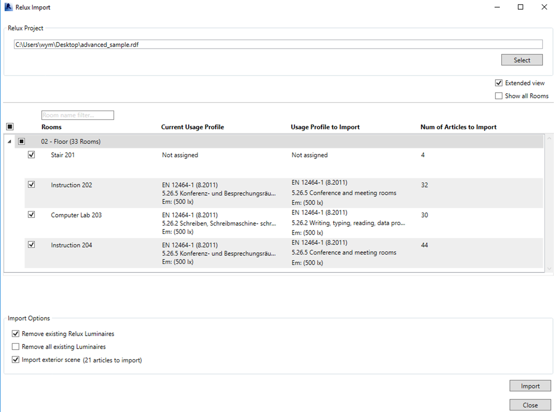 Verifying model configurations and object counts within the Relux Import module The software application window titled Relux Import displaying rows of project spaces detailing room numbers, localized usage parameters, profile mapping synchronization tracks, and specific luminaire overwrite action checkmarks at the bottom.