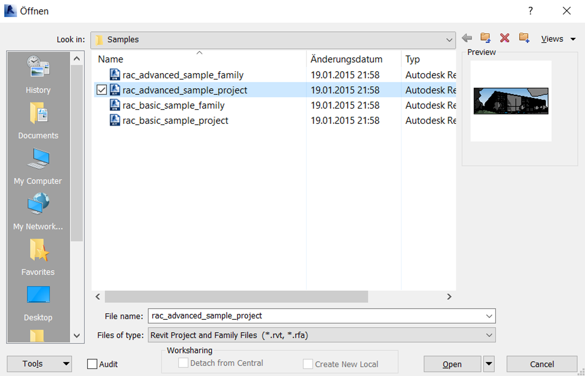 Screenshot of the German-localized Autodesk Revit file dialog window titled "Öffnen", showing a list of sample files inside the Samples folder with the "rac_advanced_sample_project" file selected and a small architectural building rendering displayed in the preview pane on the right.