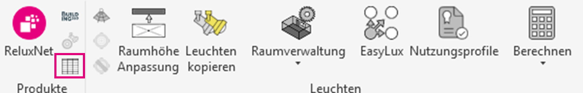Close-up screenshot of the ReluxCAD for Revit menu interface, displaying the pink ReluxNet icon on the left under Products, and luminaire tool configurations on the right under Leuchten.