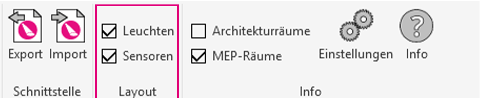 Close-up screenshot of the light-grey ReluxCAD for Revit ribbon bar menu, highlighting the "Layout" block inside a pink box containing two checked checkboxes for Leuchten and Sensoren.