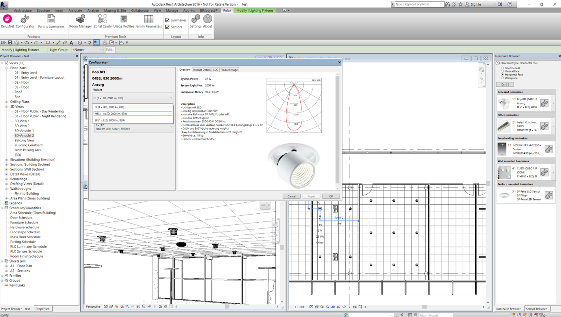 Screenshot showing the active ReluxCAD for Revit Product Configurator window modal displaying technical data sheets, LDC curves, and variant configurations inside a multi-view Autodesk Revit interface workspace.